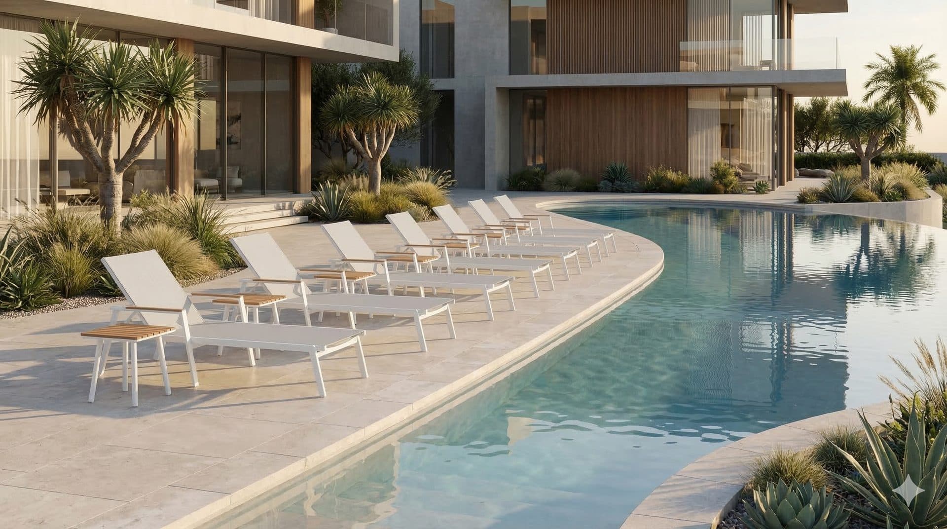 Villa pool terrace furnished with Villabella outdoor loungers